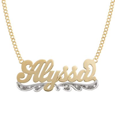 Ladies Script Name Plate Diamond Ribbon Necklace 14K Gold - Style 70 - bayamjewelry