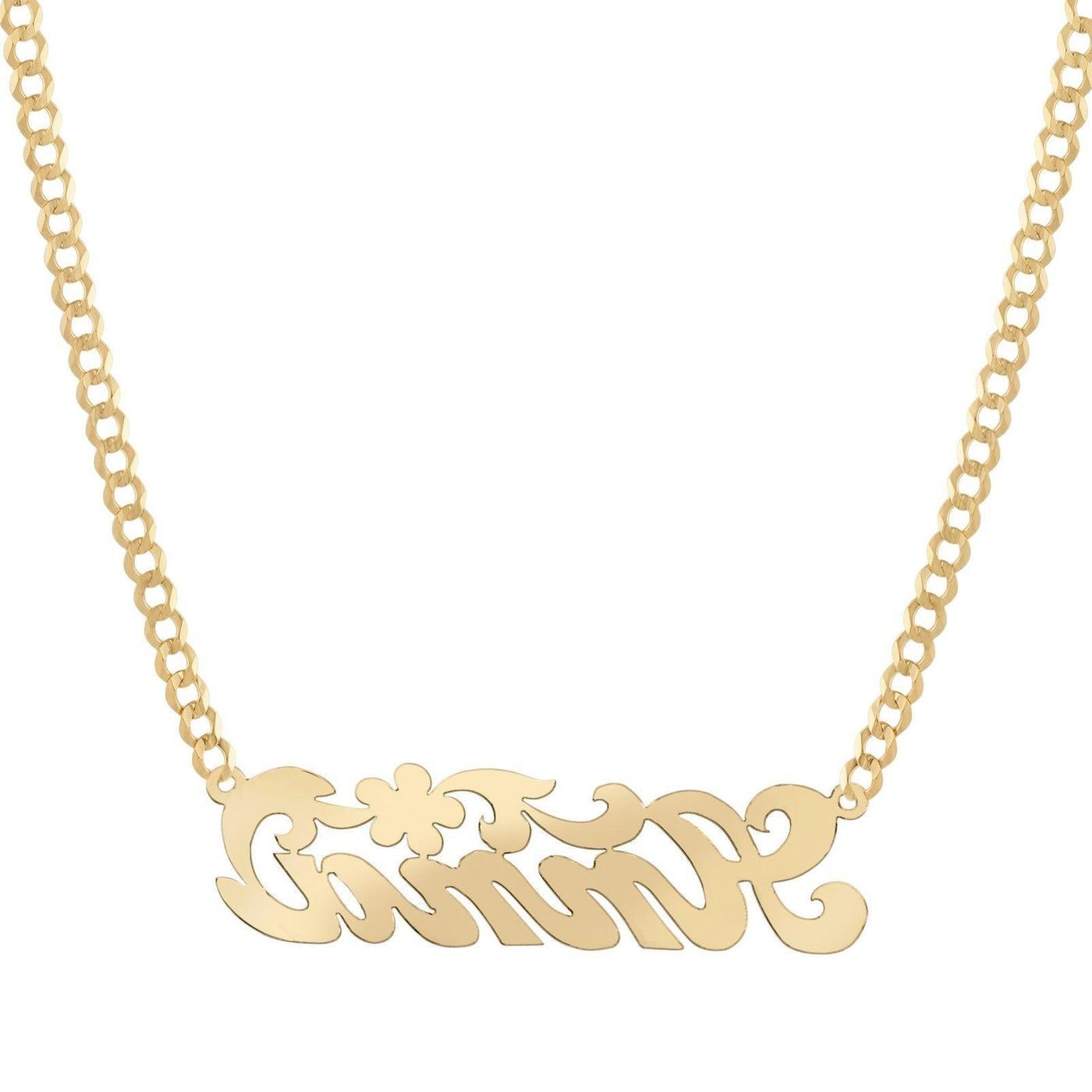 Ladies Script Name Plate Flower Ribbon Necklace 14K Gold - Style 121 - bayamjewelry