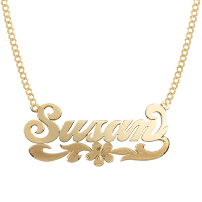 Ladies Script Name Plate Flower Ribbon Necklace 14K Gold - Style 66 - bayamjewelry