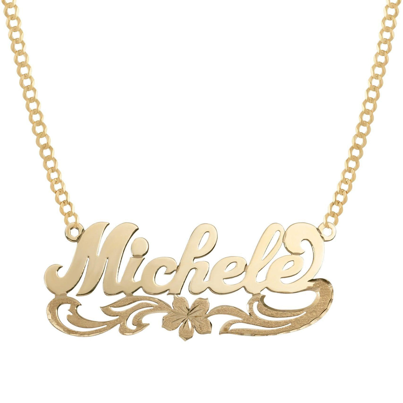 Ladies Script Name Plate Flower Ribbon Necklace 14K Gold - Style 73 - bayamjewelry
