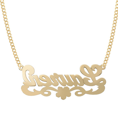 Ladies Script Name Plate Flower Ribbon Necklace 14K Gold - Style 77 - bayamjewelry