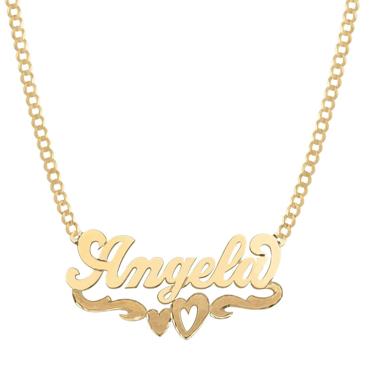 Ladies Script Name Plate Heart Ribbon Necklace 14K Gold - Style 109 - bayamjewelry