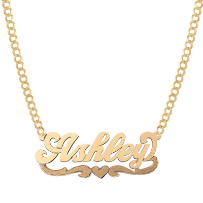 Ladies Script Name Plate Heart Ribbon Necklace 14K Gold - Style 114 - bayamjewelry