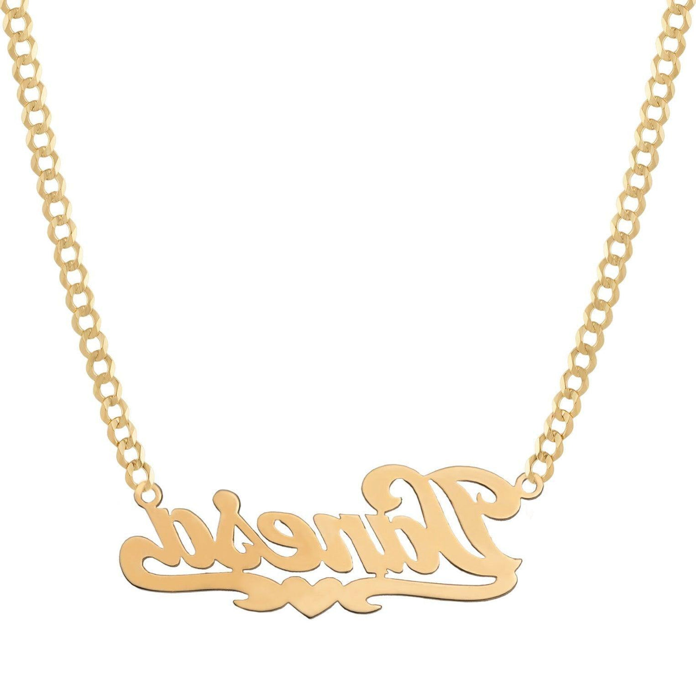 Ladies Script Name Plate Heart Ribbon Necklace 14K Gold - Style 115 - bayamjewelry
