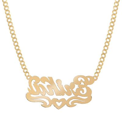 Ladies Script Name Plate Heart Ribbon Necklace 14K Gold - Style 128 - bayamjewelry