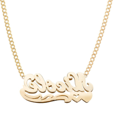 Ladies Script Name Plate Heart Ribbon Necklace 14K Gold - Style 40 - bayamjewelry