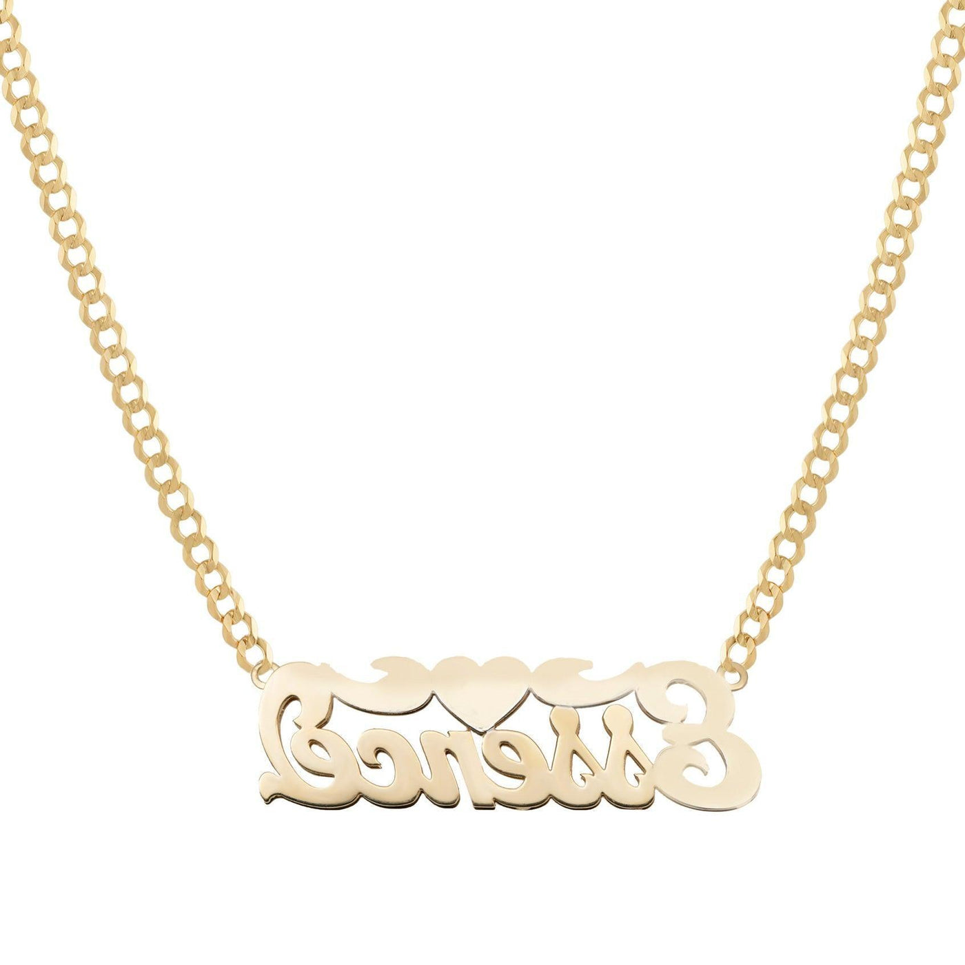 Ladies Script Name Plate Heart Ribbon Necklace 14K Gold - Style 52 - bayamjewelry
