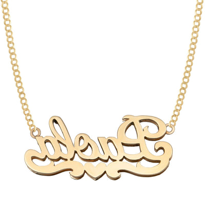 Ladies Script Name Plate Heart Ribbon Necklace 14K Gold - Style 53 - bayamjewelry