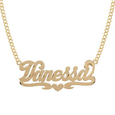 Ladies Script Name Plate Heart Ribbon Necklace 14K Gold - Style 72 - bayamjewelry