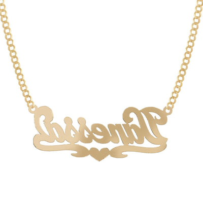 Ladies Script Name Plate Heart Ribbon Necklace 14K Gold - Style 72 - bayamjewelry