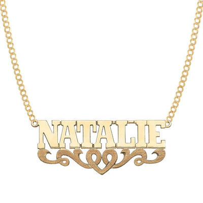 Ladies Script Name Plate Heart Ribbon Necklace 14K Gold - Style 81 - bayamjewelry
