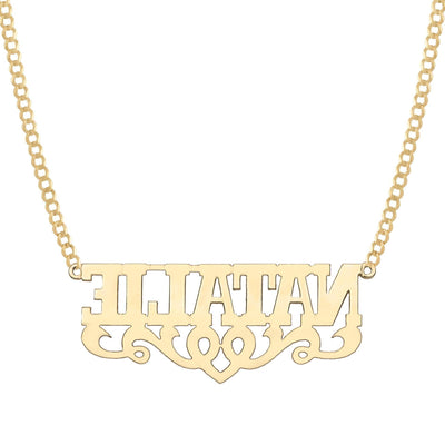 Ladies Script Name Plate Heart Ribbon Necklace 14K Gold - Style 81 - bayamjewelry