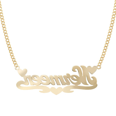 Ladies Script Name Plate Hearts & Ribbon Necklace 14K Gold - Style 71 - bayamjewelry