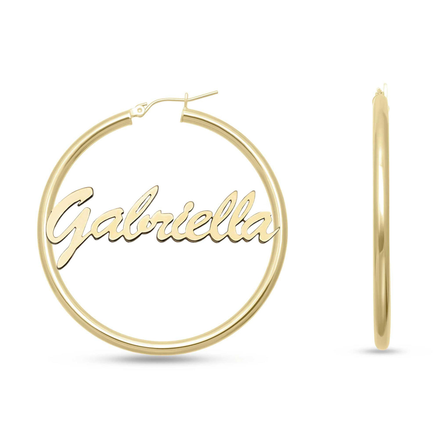 Ladies Script Name Plate Hoop Earrings 14K Gold - Style 1 - bayamjewelry