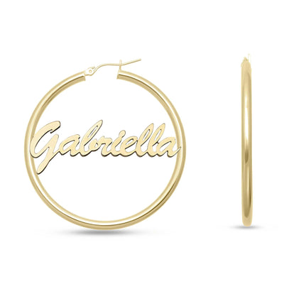 Ladies Script Name Plate Hoop Earrings 14K Gold - Style 1 - bayamjewelry