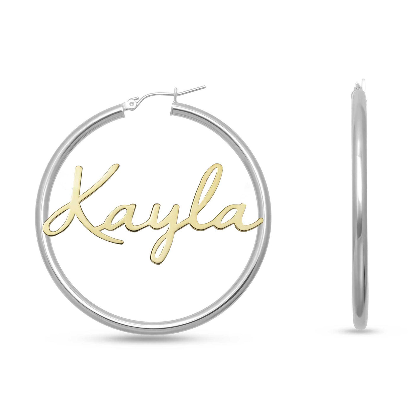 Ladies Script Name Plate Hoop Earrings 14K Gold - Style 10 - bayamjewelry