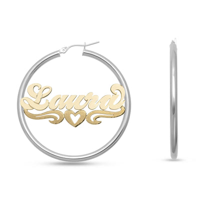 Ladies Script Name Plate Hoop Earrings 14K Gold - Style 112 - bayamjewelry