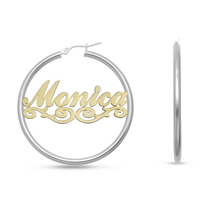 Ladies Script Name Plate Hoop Earrings 14K Gold - Style 16 - bayamjewelry