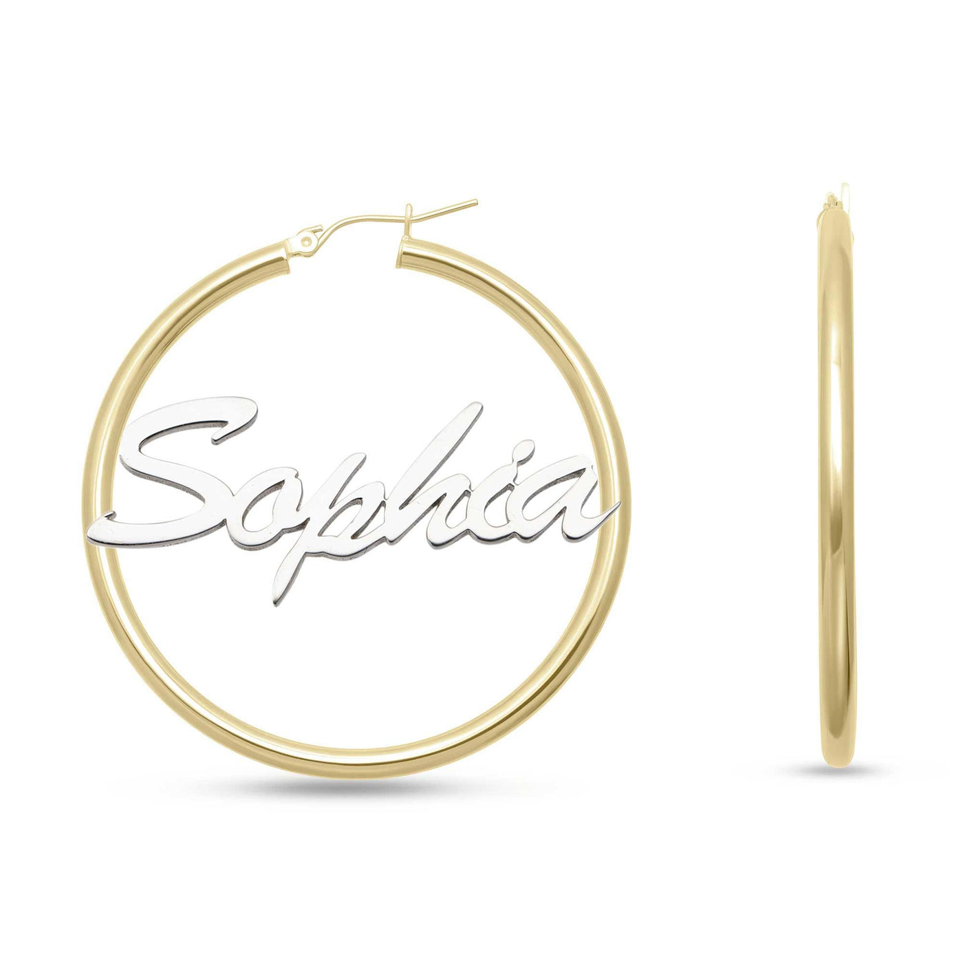 Ladies Script Name Plate Hoop Earrings 14K Gold - Style 51 - bayamjewelry