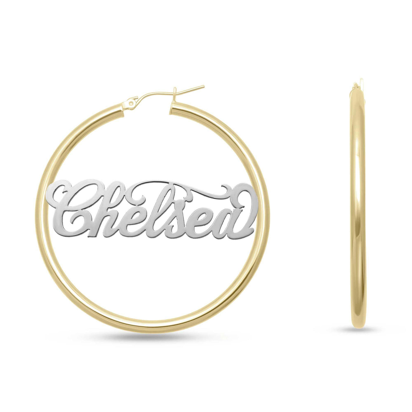 Ladies Script Name Plate Hoop Earrings 14K Gold - Style 58 - bayamjewelry