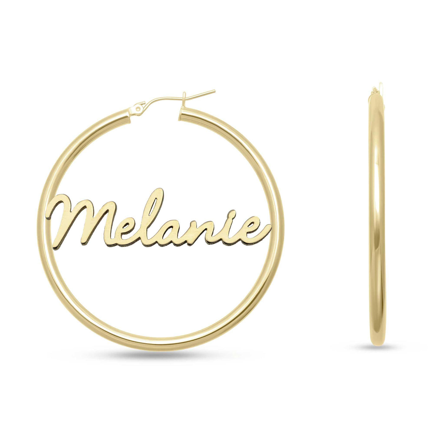Ladies Script Name Plate Hoop Earrings 14K Gold - Style 60 - bayamjewelry