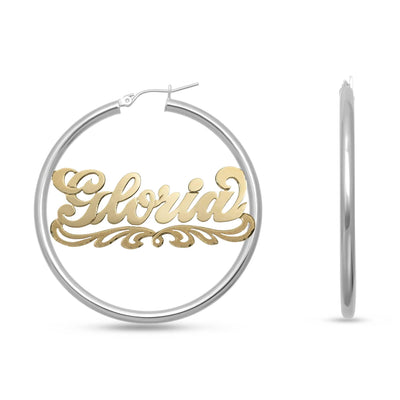Ladies Script Name Plate Hoop Earrings 14K Gold - Style 65 - bayamjewelry