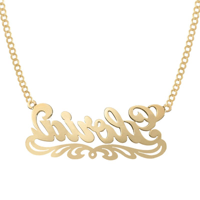 Ladies Script Name Plate Ribbon Necklace 14K Gold - Style 65 - bayamjewelry
