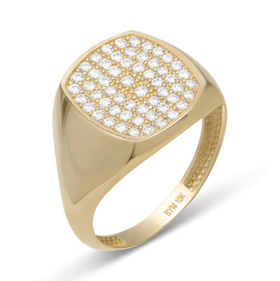 Large CZ Signet Ring Solid 10K Yellow Gold - bayamjewelry