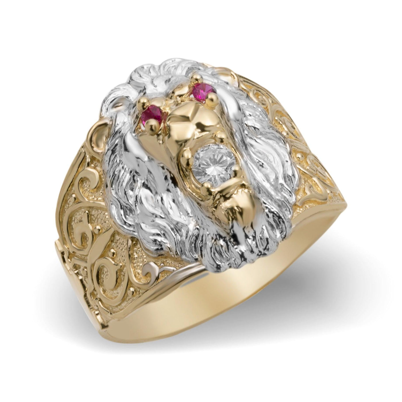 Lion Ring Ruby Eyes & CZ Solid 10K Yellow Gold - bayamjewelry