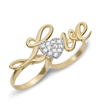 "Love" Script CZ Heart Two-Finger Ring 10K Yellow Gold - bayamjewelry