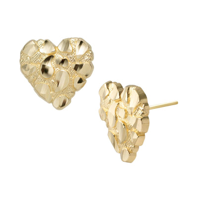 Medium Heart Shaped Nugget Textured Stud Earrings Solid 10K Yellow Gold - bayamjewelry