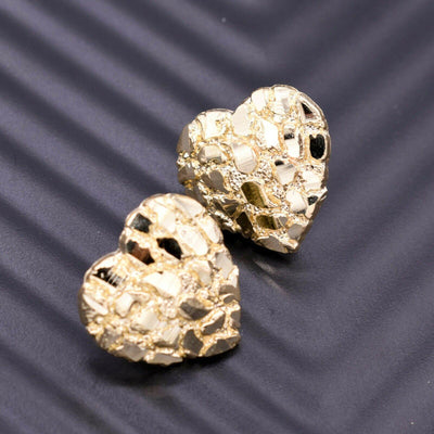 Medium Heart Shaped Nugget Textured Stud Earrings Solid 10K Yellow Gold - bayamjewelry