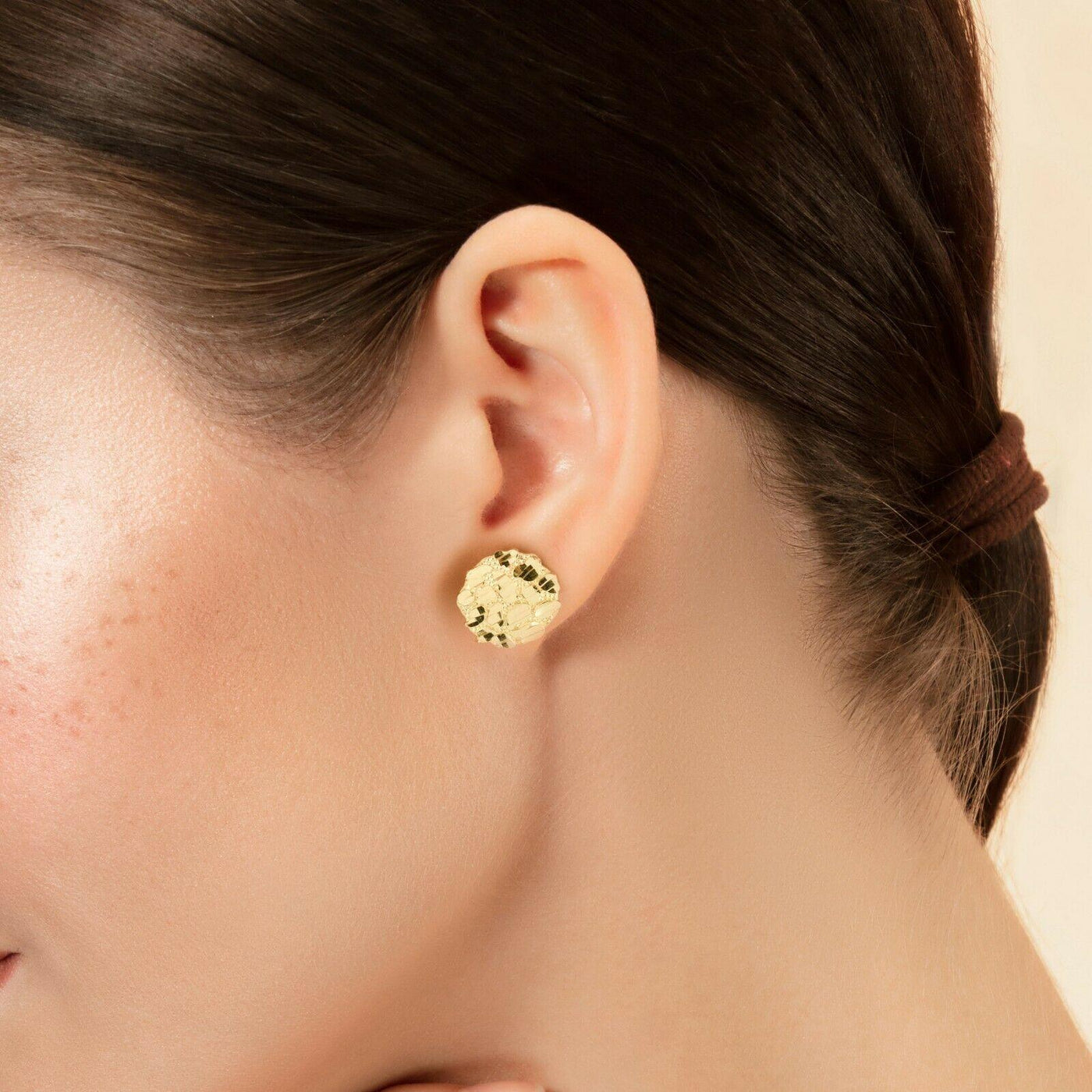 Medium Round Textured Nugget Stud Earrings Solid 10K Yellow Gold - bayamjewelry