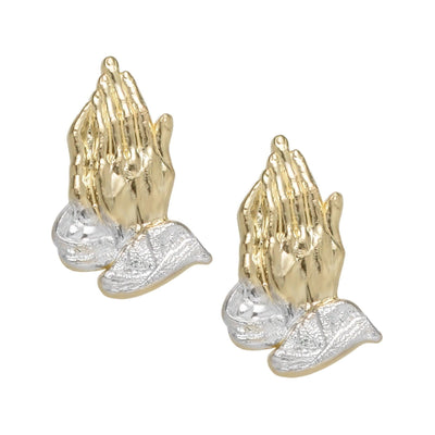 Medium Two-Tone Praying Hands Stud Earrings Solid 10K Yellow Gold - bayamjewelry
