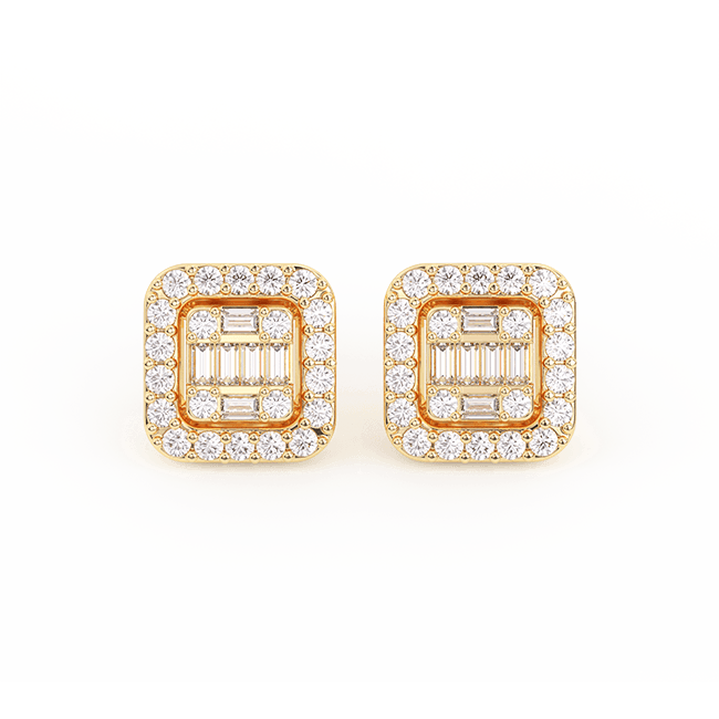 Men's Baguette & Round Composite Diamond Stud Earrings 0.71ct 14K Gold - bayamjewelry