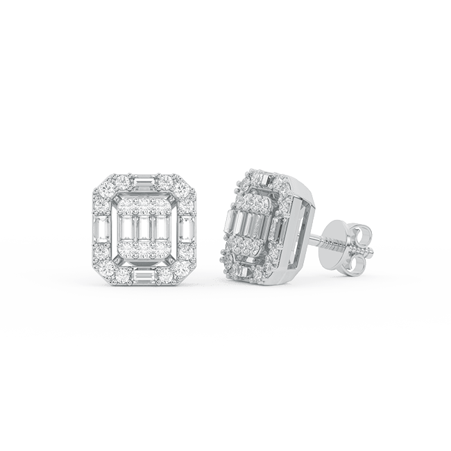 Men's Baguette & Round Composite Diamond Stud Earrings 0.75ct 14K Gold - bayamjewelry