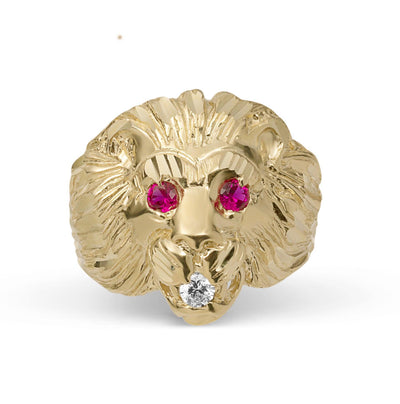 Men's Big Lion Head Ring Ruby Eyes & CZ Solid 10K Yellow Gold Size 11 - bayamjewelry