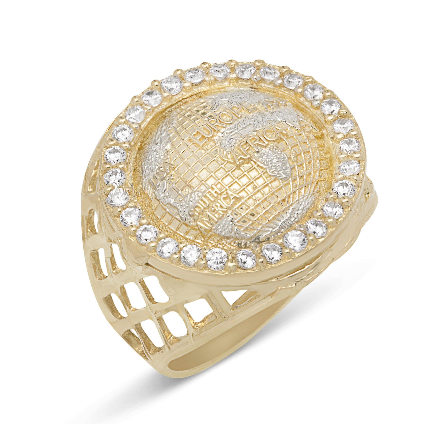 Men's CZ Bordered Large Diamond-Cut World Ring Solid 10K Yellow Gold - bayamjewelry