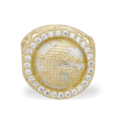 Men's CZ Bordered Large Diamond-Cut World Ring Solid 10K Yellow Gold - bayamjewelry