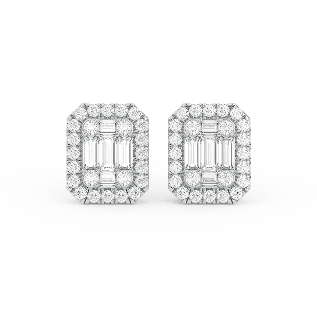 Men's Emerald-Shaped Baguette & Round-Cut Diamond Stud Earrings 14K gold - bayamjewelry