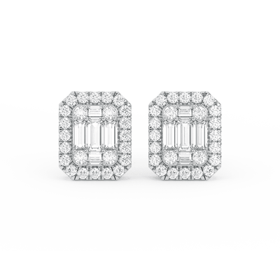 Men's Emerald-Shaped Baguette & Round-Cut Diamond Stud Earrings 14K gold - bayamjewelry