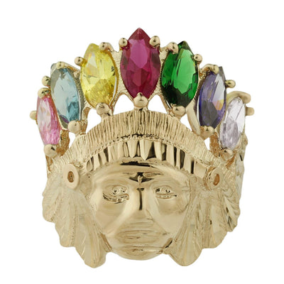 Men's Huge Rainbow CZ Indian Chief Ring 10K Yellow Gold - bayamjewelry