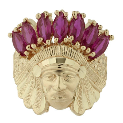 Men's Indian Chief Ruby Red CZ Solid 10K Yellow Gold - bayamjewelry