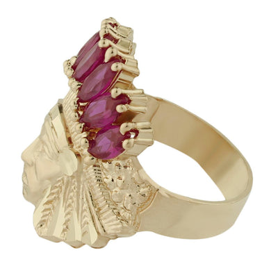 Men's Indian Chief Ruby Red CZ Solid 10K Yellow Gold - bayamjewelry