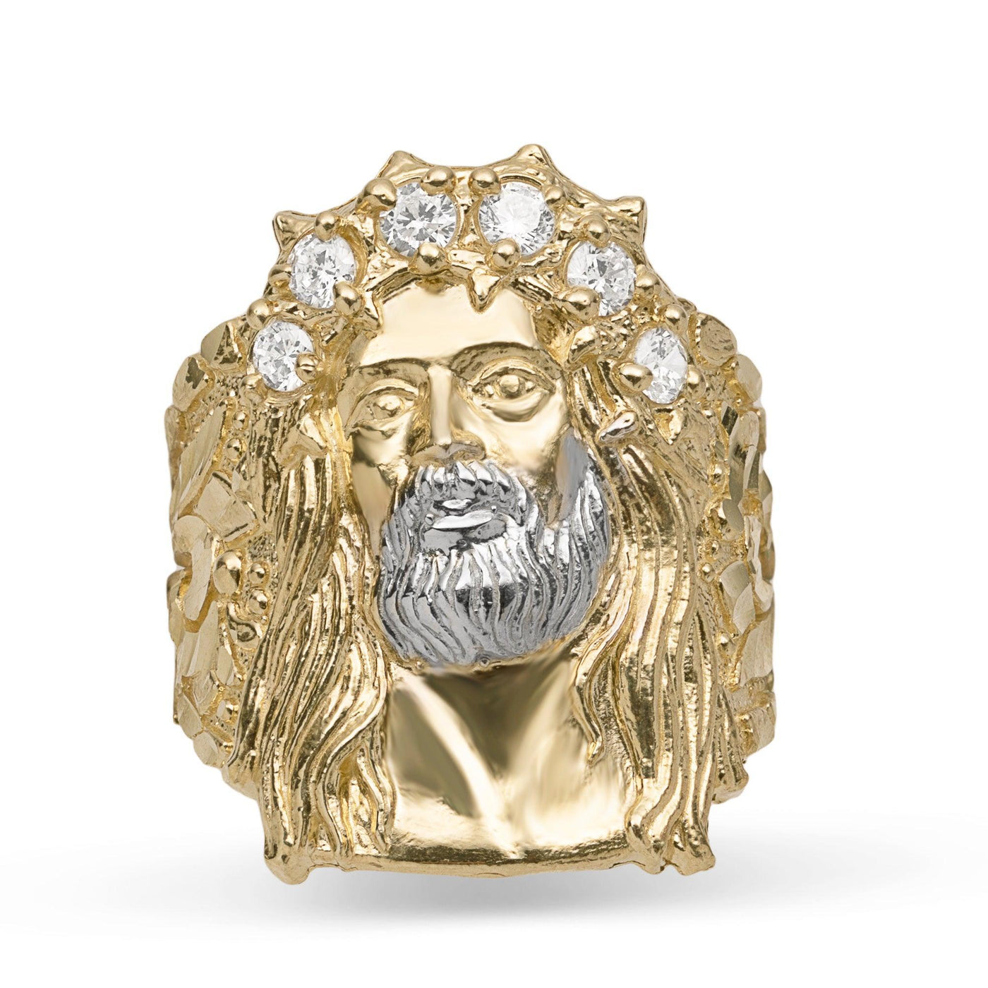 Men's Jesus Head Nugget Ring CZ Solid 10K Yellow Gold - bayamjewelry