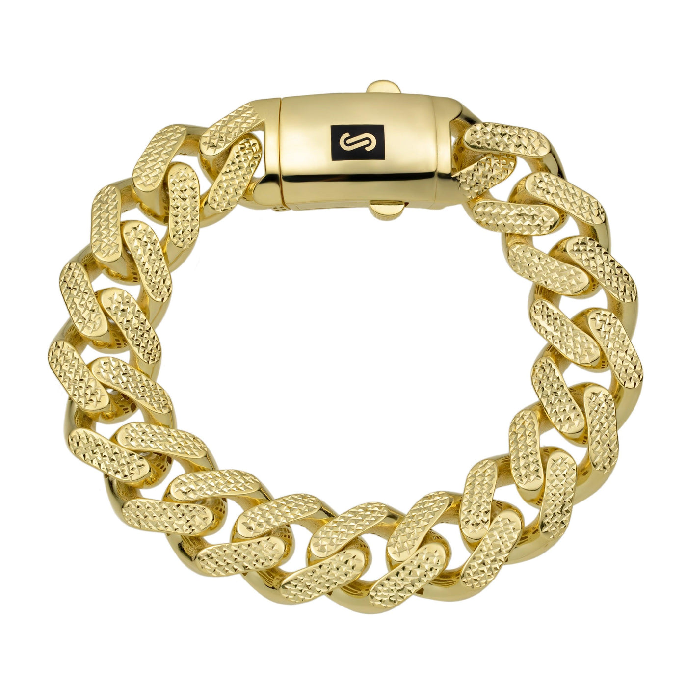 Men's Miami Cuban Link 13mm Diamond Cut Monaco Bracelet Box Clasp 10K Yellow Gold 8.5" - bayamjewelry