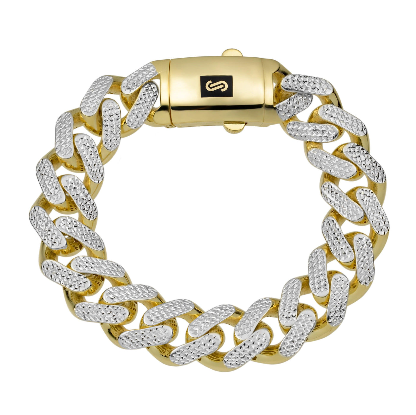 Men's Miami Cuban Link Diamond Cut Reversible Monaco Bracelet 10K Yellow White Gold - Hollow - bayamjewelry