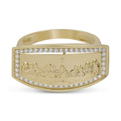Men's Rectangle Textured CZ Bordered Last Supper Ring Solid 10K Yellow Gold - bayamjewelry
