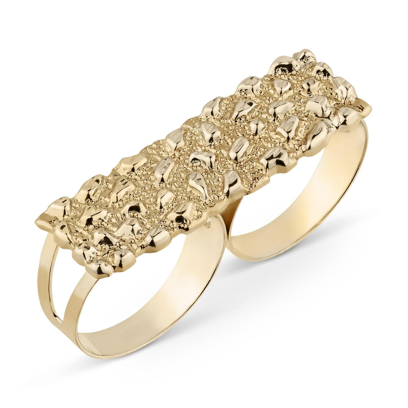 Men's Rectangular Nugget Two Finger Ring 10K Yellow Gold Size 11 - bayamjewelry