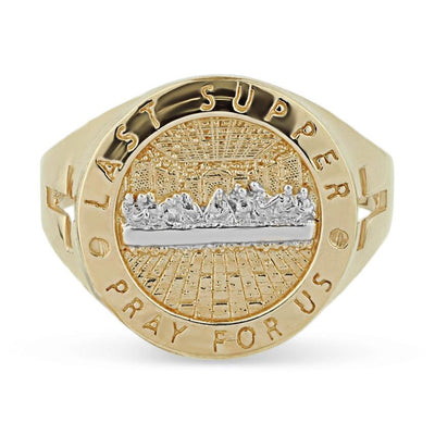 Men's Round Last Supper Pray For Us Side Cross Ring Solid 10K Yellow Gold - bayamjewelry